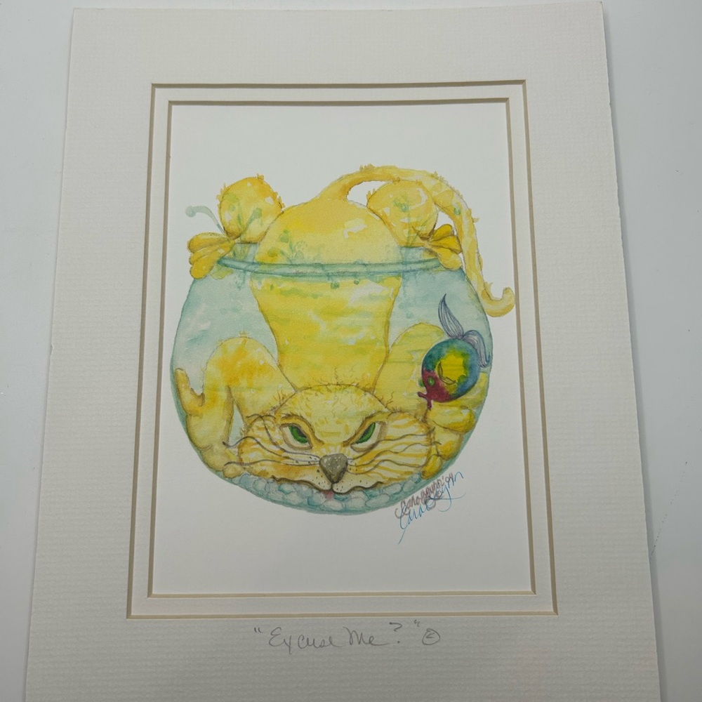 Vtg ‘04 signed print Cat in fish bowl. With mat.
